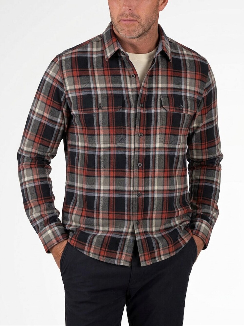 Tailor Vintage Plaid Button-Down Shirt — Rust, Black & Cream